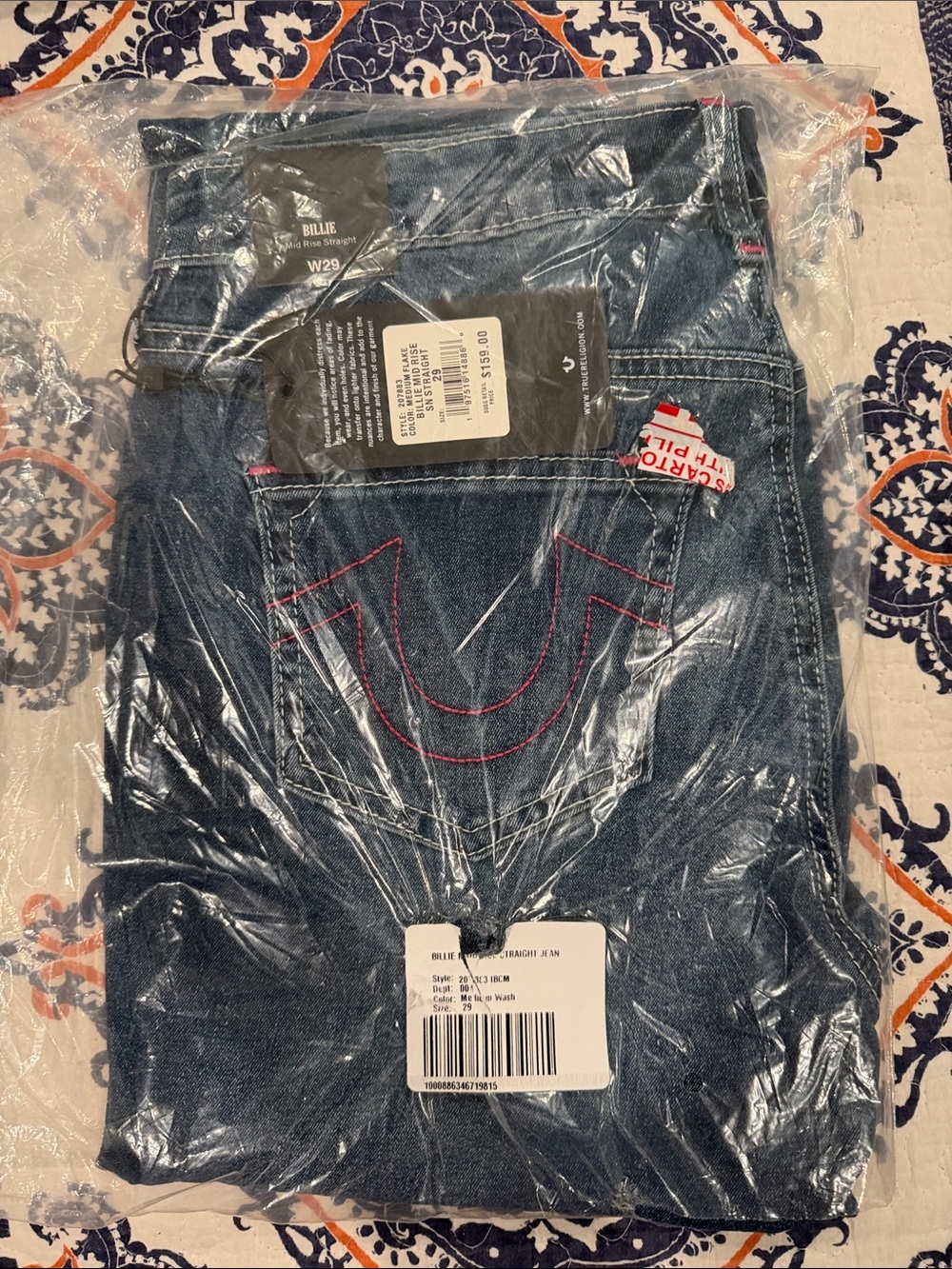 True Religion Billie Straight Jeans in Dark Blue with Pink Stitching